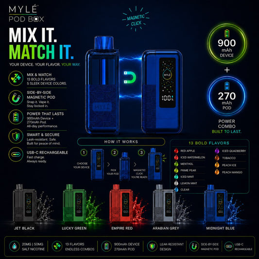 Myle Pod Box 35000 - Mix It Match It - 13 flavors, magnetic pod, 900mAh + 270mAh